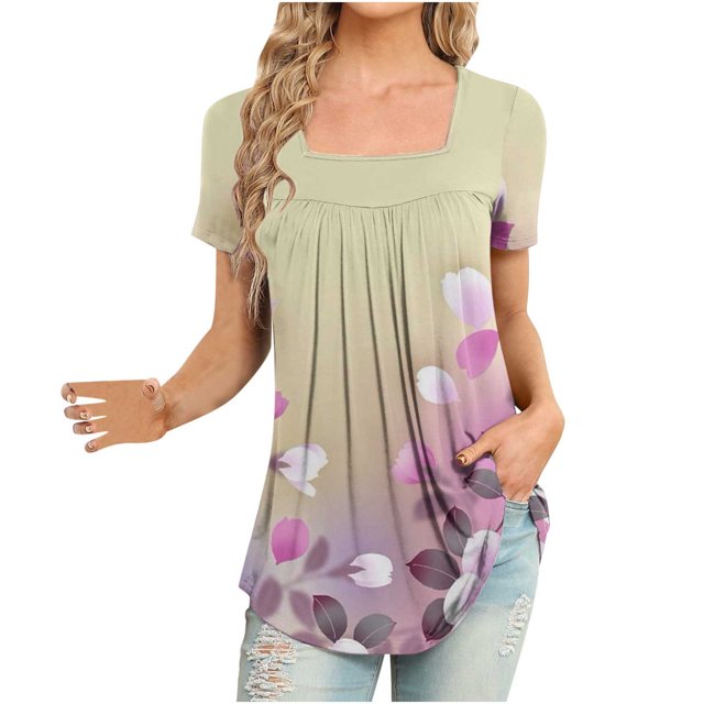 Pompotops Mode Femme Imprimé Décontracté Col en V Manches Courtes T-Shirt Ample Blouse Hauts