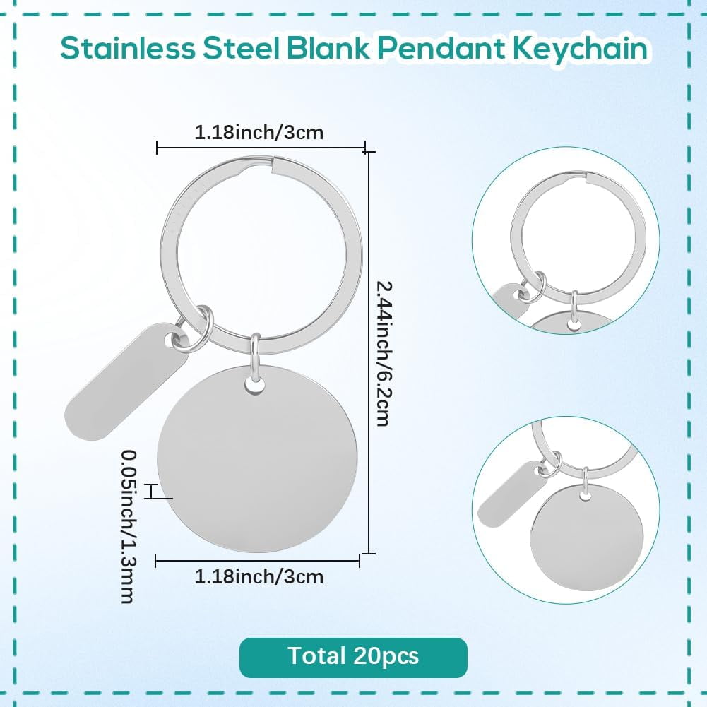 1 Box 20Pcs Engravable Metal Keychain Blanks Round Keychain Blanks Silver Stainless Steel Stamping with Key Ring Laser Engraving Rectangle Tags for DIY Crafts Graduation Gifts Pet Tag