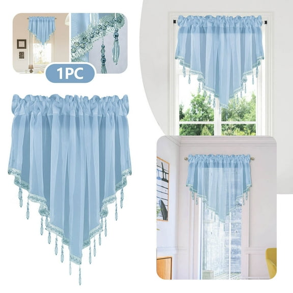 Curtain Valances for Windows 1 Pack, 51"x24" Light Blue, Triangle Window Curtains for Living Room Bathroom Cafe Laundry Basement, Sheer Lace Top Curtain with Crystal Beads
