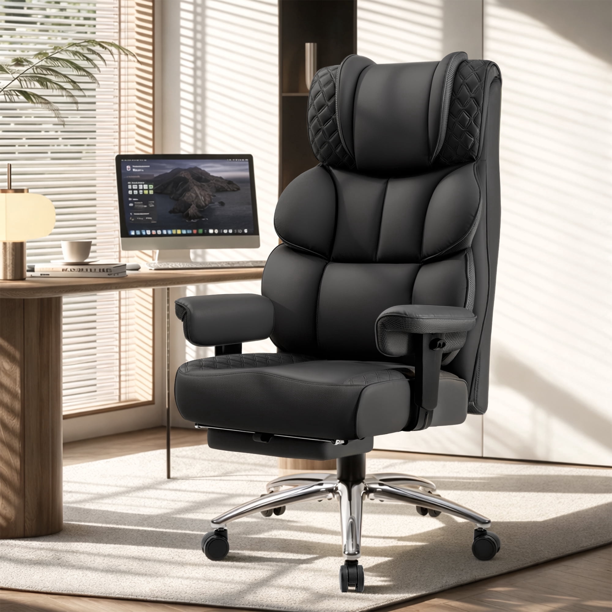 FASTES Office Chair, Big and Tall Leather Office Desk Chair 400lbs Ergonomic Chairs with Footrest, Executive High-Back Reclining Computer Chair Swivel&Lumbar Support, Black