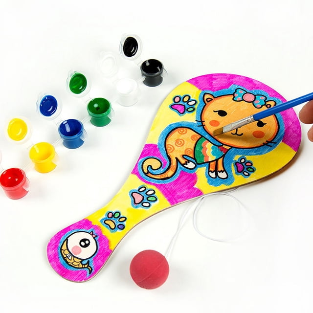 Raqueta de madera pintada a mano, pelota de jardín de infantes, accesorios para pintar a mano para niños, grafiti para colorear, juguetes educativos