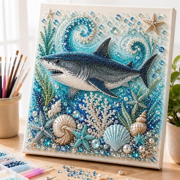 Ocean 3D Pearl Art Diamond Painting Kit, Sparkling Coastal Decor Wall Art for Adults, Relaxing DIY Craft Hobby with Marine Life Motifs for Home Office Bedroom