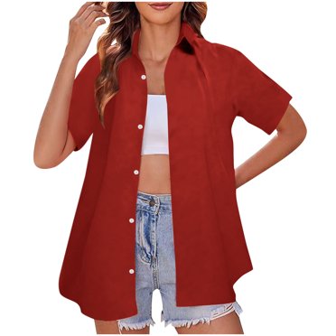 GigrtiJin Womens Summer Shirts Button up Casual Solid Color Shirt Cool Short Sleeve Beach Going out Tops Blouse