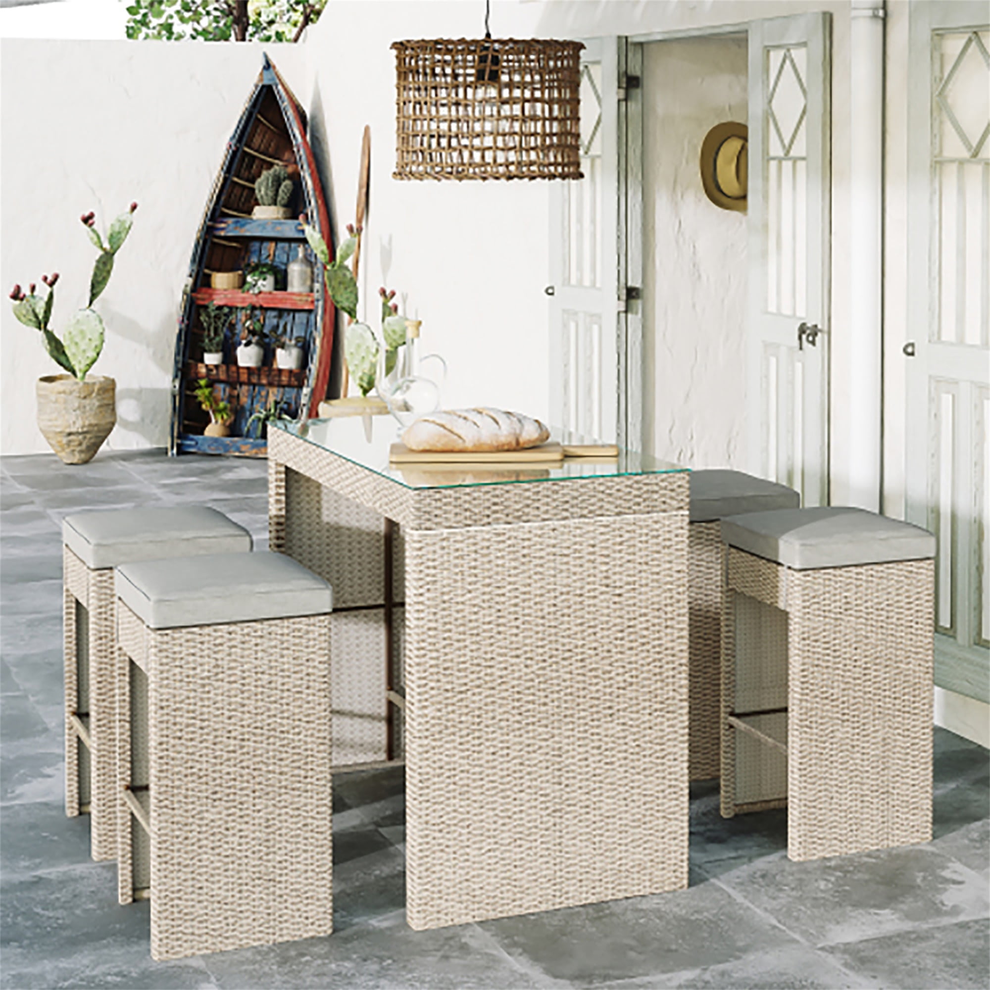 Kadyn Outdoor Patio 5-Piece Rattan Dining Table Set, PE Wicker Bar Furniture Set with with 4 Stools, Brown Cushion+Brown Wicker (Brown + Rattan) Kadyn Outdoor Patio 5-Piece Rattan Dining Table Set, PE Wicker Bar Furniture Set with with 4 Stools, Brown Cushion+Brown Wicker (Brown + Rattan)