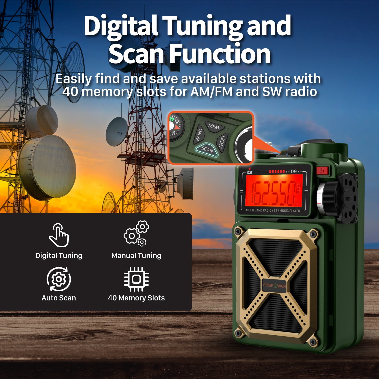 FosPower IPX3 Portable Solar Crank Emergency Weather Radio (Model D9) NOAA AM FM Hand Crank Radio w/ 14800mWh Power Bank, Bluetooth, USB, Flashlight, SOS Alarm for Home/Outdoor