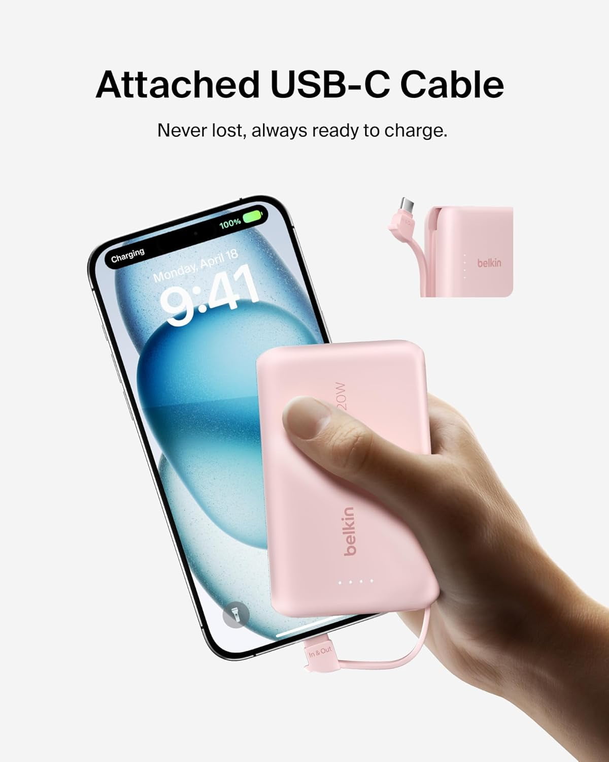Belkin Power Bank, Portable Power Bank with Integrated Cable 10K PD 20W - Fast Charge USB-C Power Delivery, Portable iPhone Charger for iPhone 16 Series, iPad Pro, Galaxy S25, and More - Pink