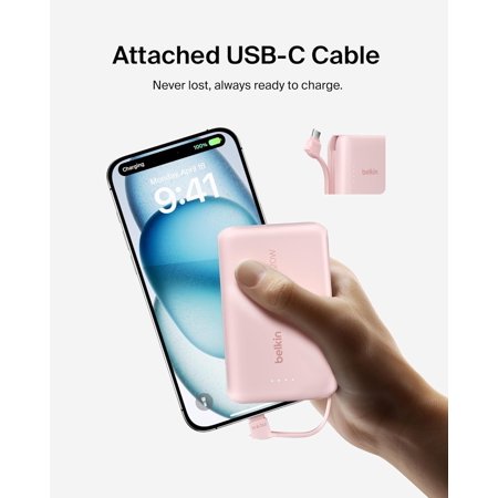 BELKIN (CCC/ 3C 認証)BoostCharge 20W ケーブル内蔵 モバイルバッテリー10000mAh(ピンク) BPB021FQPK 返品種別A