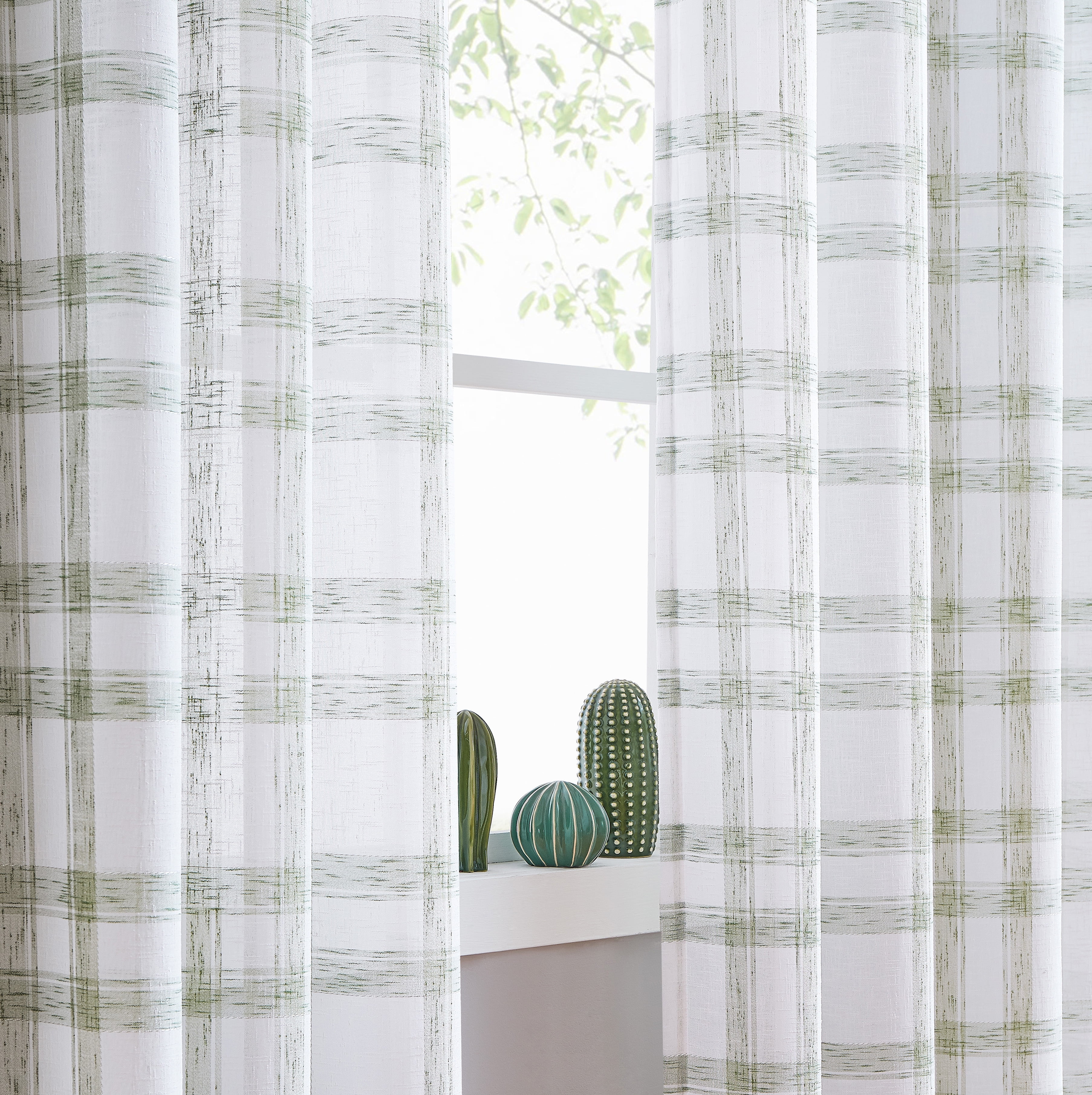 AZZCIA White Sage Plaid Linen Blend Semi Sheer Grommet Curtain Panels, 2 Panels, 54"W x 95"L