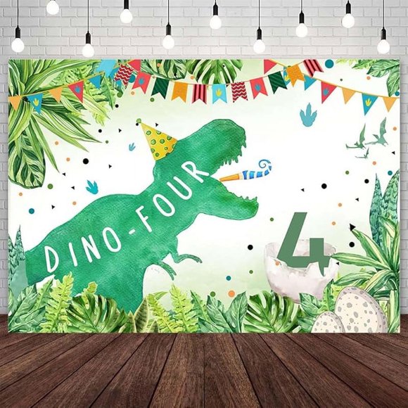 Dinosaur 4th Birthday Backdrop Happy Dino-Four Birthday Photography Background Greenery Jungle Palm Leaves Flag 4 Years Old Birthday Party Decorations Banner Photo Studio Props