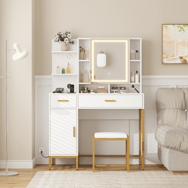 Coiffeuse avec Miroir Éclairé, Coiffeuse de Maquillage à 3 Modes d'Éclairage Réglables avec Tabouret Rembourré Doux, 2 Tiroirs, Armoire et Station de Recharge, Ensemble de Coiffeuse Moderne pour Chambre, Blanc