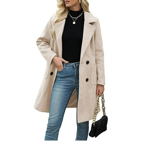 PUWEI Women's Casual Lapel Collar Wool Coat Double Breasted Elegant Peacoat with Pockets
