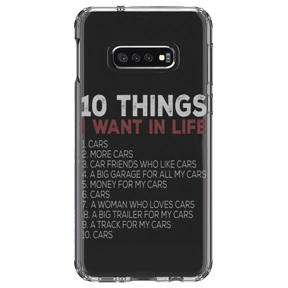 DistinctInk Clear Shockproof Hybrid Case for Samsung Galaxy S10e (5.8" Screen) - TPU Bumper Acrylic Back Tempered Glass Screen Protector - Things I Want In Life - Cars, Money, Woman