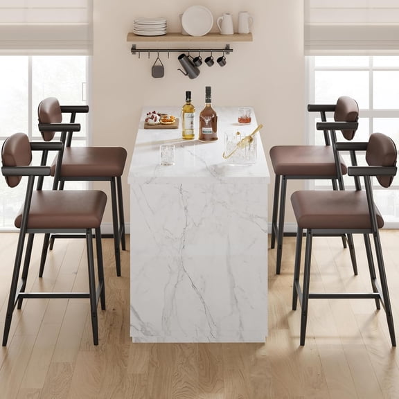 Rugerasy 26Inch Bar Stools Set of 4,Faux Leather Bar Chairs,UpholsteRed Counter Height with Soft Backrest for Kitchen Island,Brown