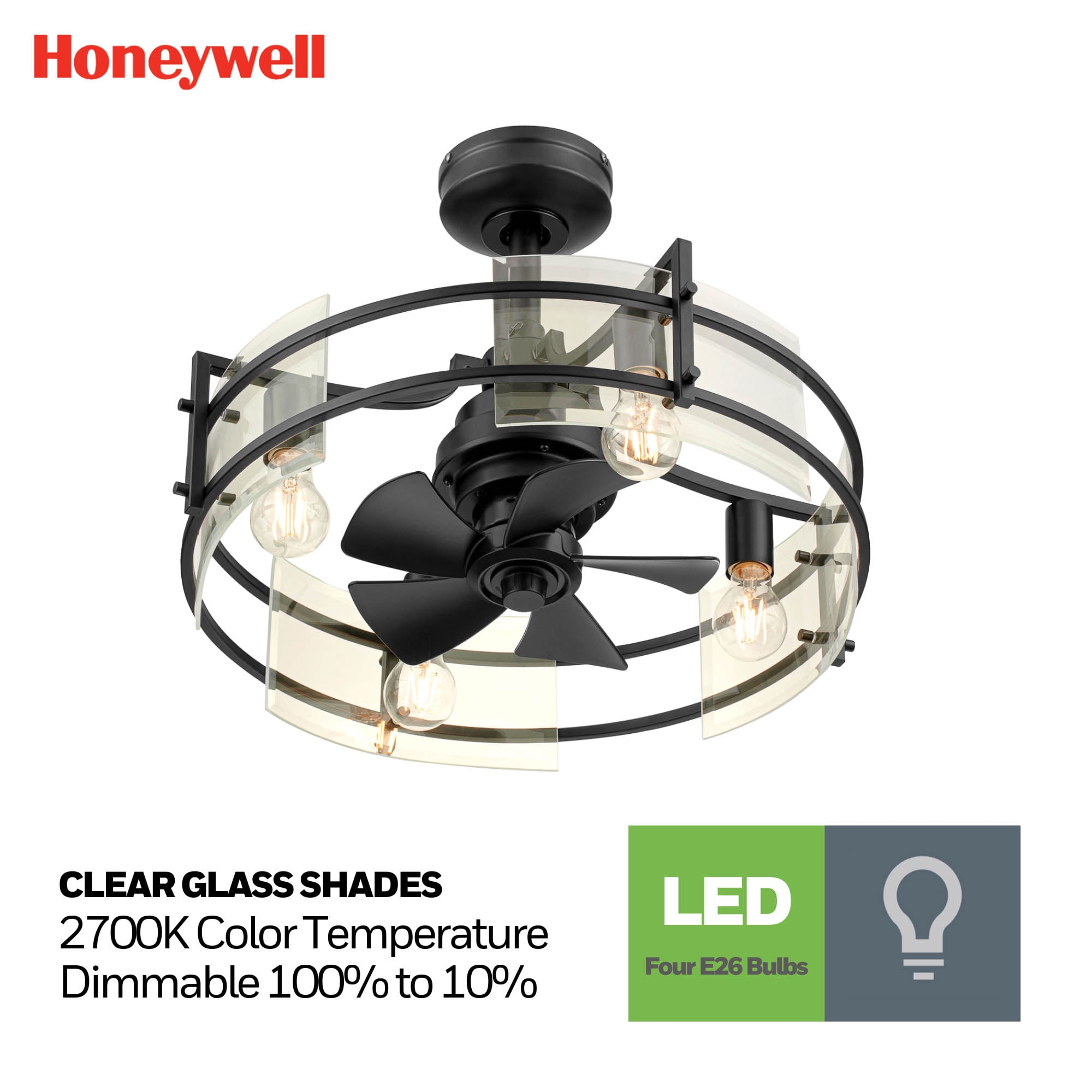 Honeywell Padfield Fandelier 22" Black Contemporary Indoor Ceiling Fan with Lights and Remote Control, Reversible Motor