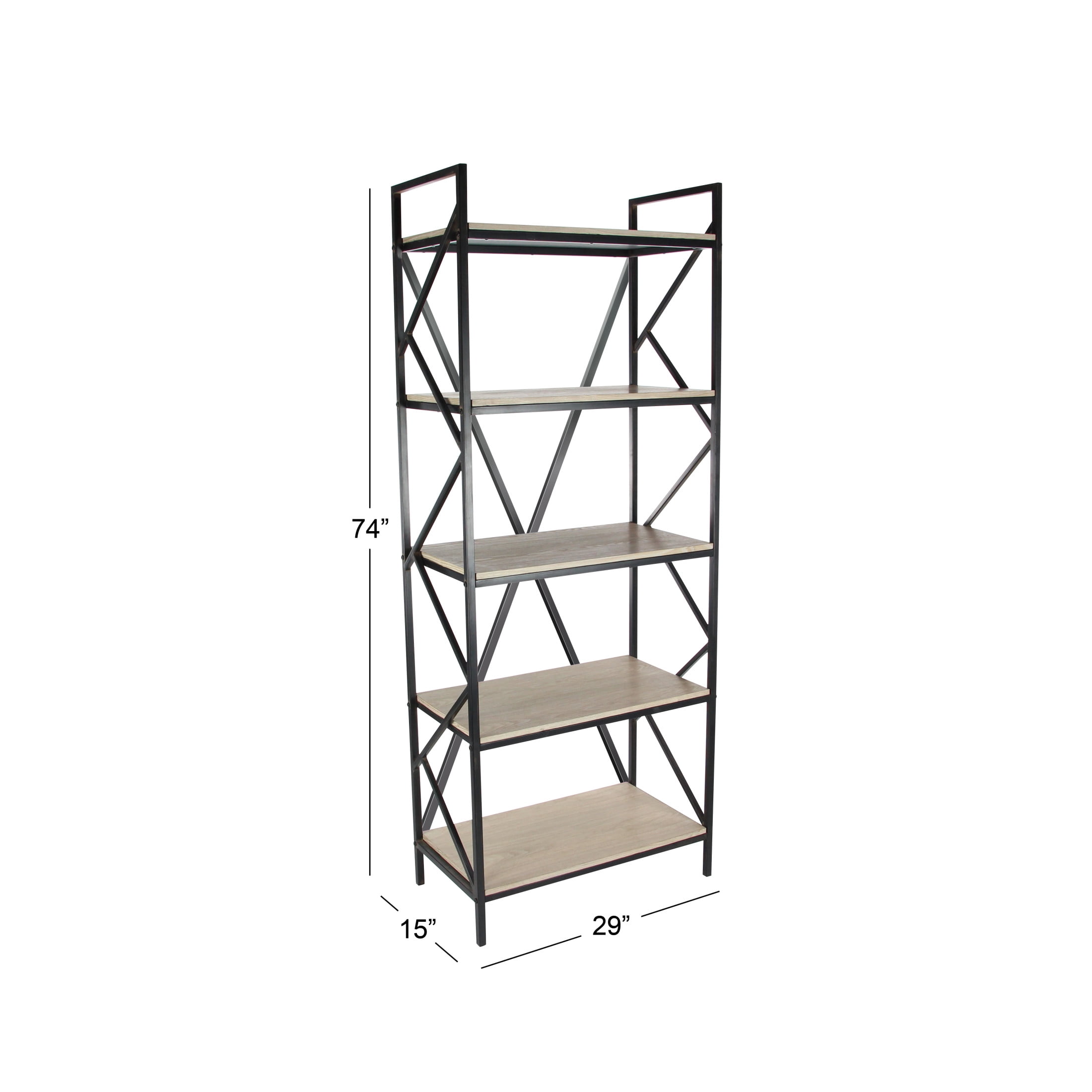 DecMode 29" x 74" Brown Wood 5-Tier Shelving Unit with Black Metal Frame, 1-Piece