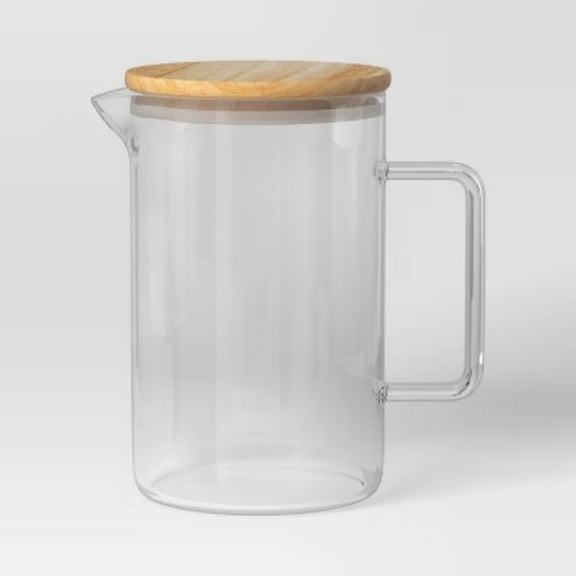 Glass Beverage Pitcher with Wood Lid,84.5oz