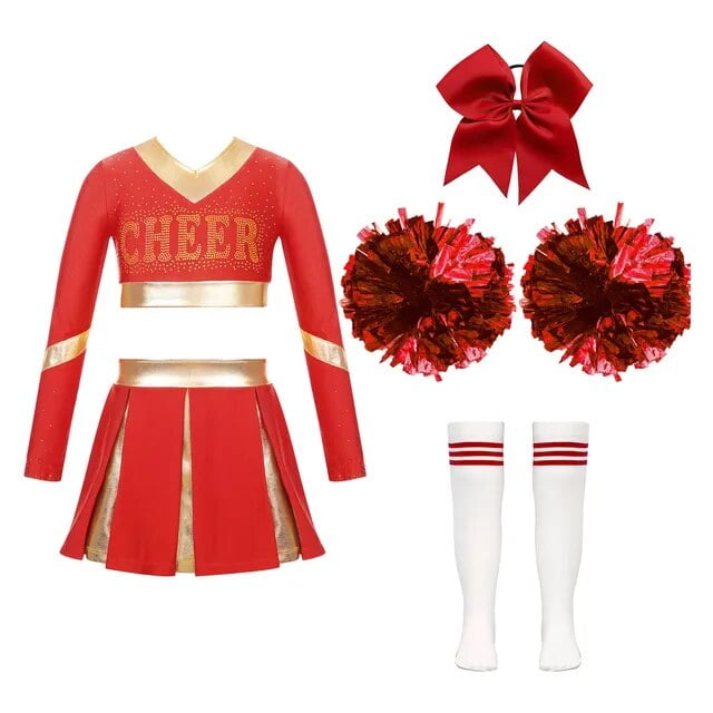 Kids Girls Cheerleader Costume Cheerleading Uniform Set Carnival Party Cheer Dance Performance Outfits with Pom Poms Stockings