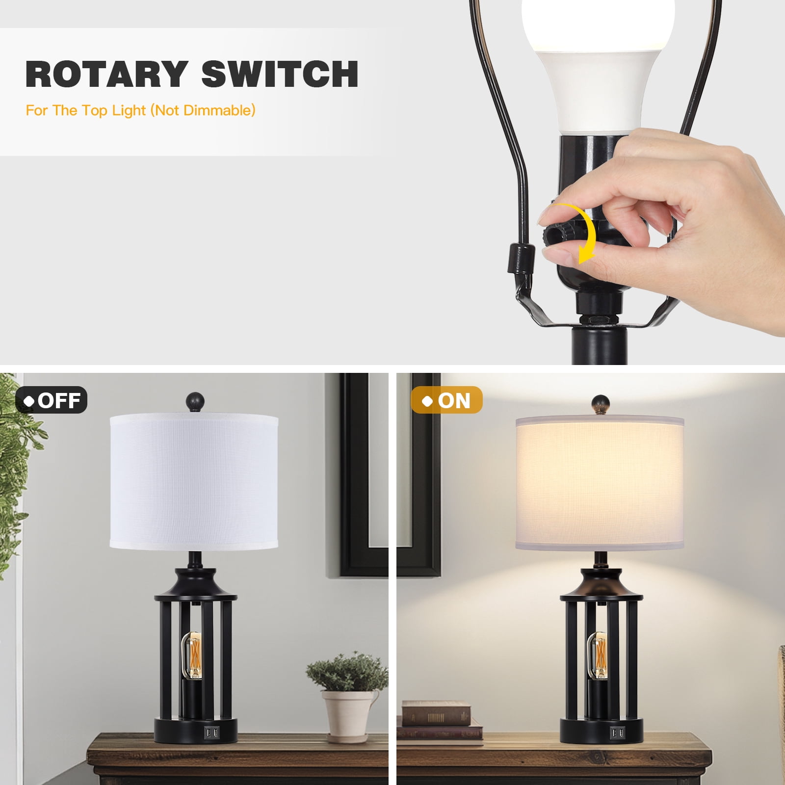 Cinkeda Modern Table Lamp Set of 2 with USB Ports 3 Way Dimmable Nightlight Industrial Black Bedside Lamps for Bedroom Living Room