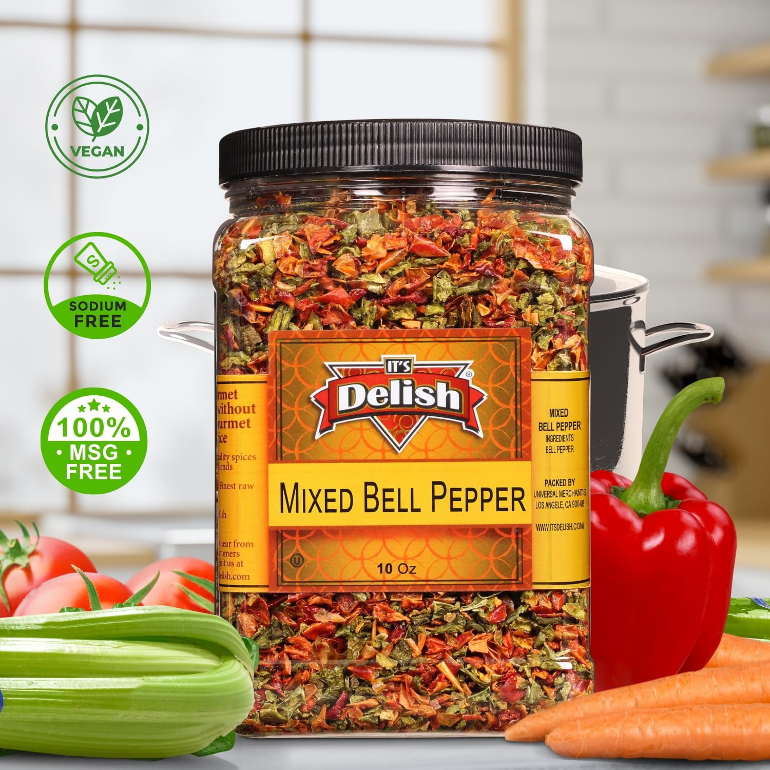 Dehydrated Dried Red and Green Bell Peppers Mix by It's Delish -  16 Oz 1 lb Jumbo Reusable Container - Sealed to Maintain Freshness - Chopped & Dried Vegetable Spice Seasoning