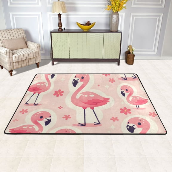Flamingo and Flowers Pink Area Rug Washable 72 x 48 Floor Carpet Mat Non Slip for Bedroom Living Room Kids Room Home Decor