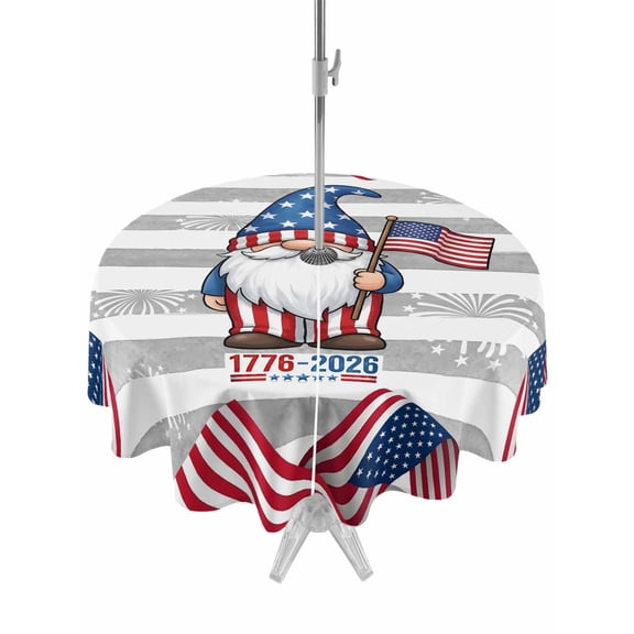 Outdoor Tablecloth with Umbrella Hole for Patio/Picnic/Party/Camping, 250 Year American Anniversary Flag Waterproof Table Cloth Round Cover Washable, Grey Striped Gnomes Fireworks (Dia 54")