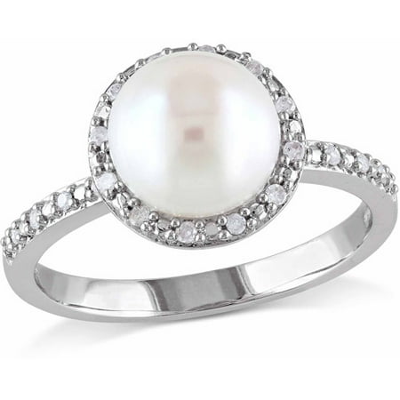 Miabella 8-8.5mm White Button Cultured Freshwater Pearl and Diamond Accent Sterling Silver Halo Ring