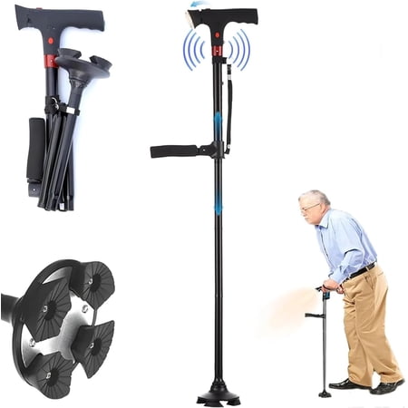 Ready Walker Cane with Light, Dual Handle Folding Self-Standing Design, 2025 New Walking Cane for Women & Men with Alarm and Foldable Handle, Lightweight Crutches for Seniors Balance