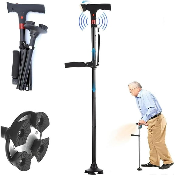 Ready Walker Cane with Light, Dual Handle Folding Self-Standing Design, 2025 New Walking Cane for Women & Men with Alarm and Foldable Handle, Lightweight Crutches for Seniors Balance