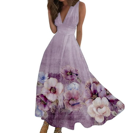 RYKJLWY Dresses for Women Sundresses for Women 2024 Spring Summer Elegant Wrap V Neck Sleeveless Maxi Dress Trendy Floral Print Flowy Beach Dress Dresses for Women Dresses for Teens(Pink XXXL)