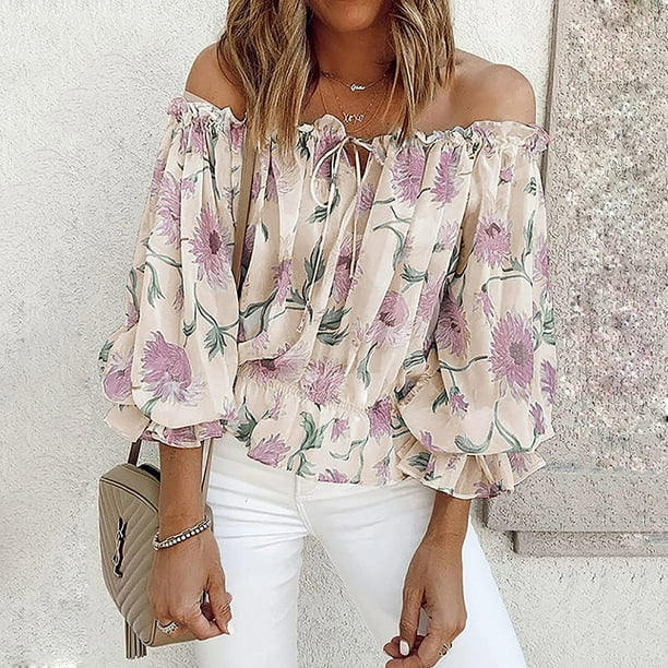 Puntoco 2024 Tops de verano para mujer, tops gráficos para mujer, cuello de hombro, túnica fluida, blusa suelta de manga corta 3/4