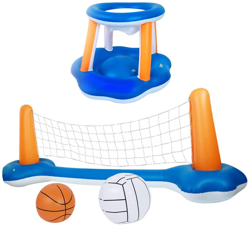 |Basketball Inflatable Pool Float Set Volleyball Net & Basketball Hoops; Balls Included for Kids and Adults Swimming Game Toy Summer Floaties 27”x23”x27” . 105”x28”x35” Volleyball Court Floating 