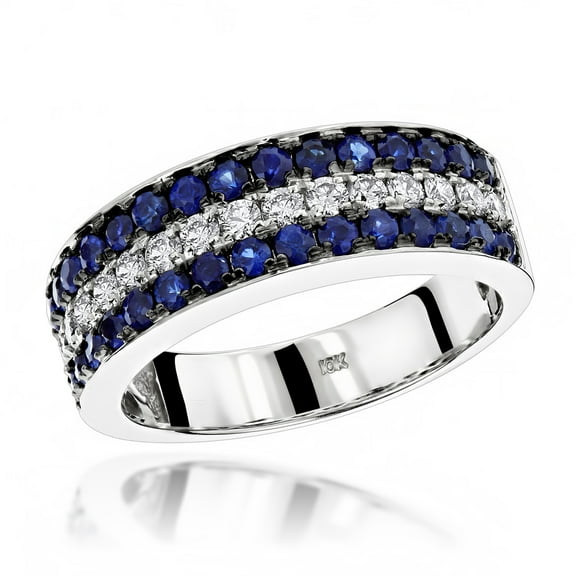 Luxurman Unique 3 Row Sapphire and Diamond Wedding Band 10K Ring (White Gold Size 9.5)