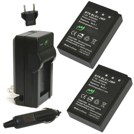 Replacement for Olympus BLS-5 Battery (2-Pack 1450mAh) and Charger with Car Adapter
