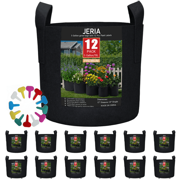 JERIA 12-Pack 5 Gallon, Vegetable/Flower/Plant Grow Bags, Aeration Fabric Pots with Handles (Black), Come with 12 Pcs Plant Labels
