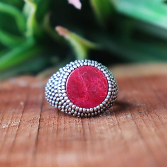 Ruby Gemstone Ring, 925 Sterling Silver Ring, Round Cabochon Ring, Handmade Gift, Boho Jewelry, Oxidized Ring, Beaded Ring, Personalize Gift
