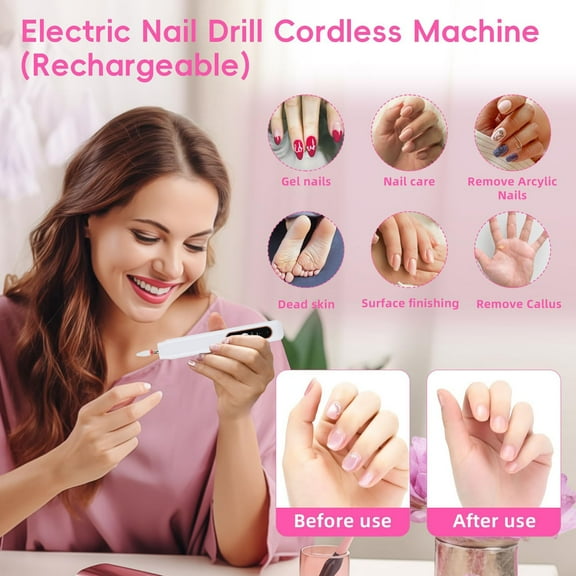 Portable Nail File Cordless Nail Drill With Light for Acrylic Gel Nails - 6-in-1 Personal Polish Manicure Tools for Home and Salon Use