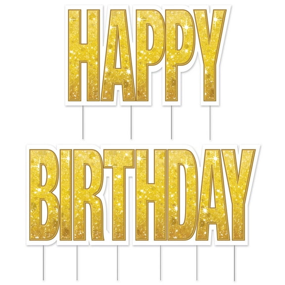 Beistle 23.25" Gold and White "Happy Birthday" Yard Sign Set