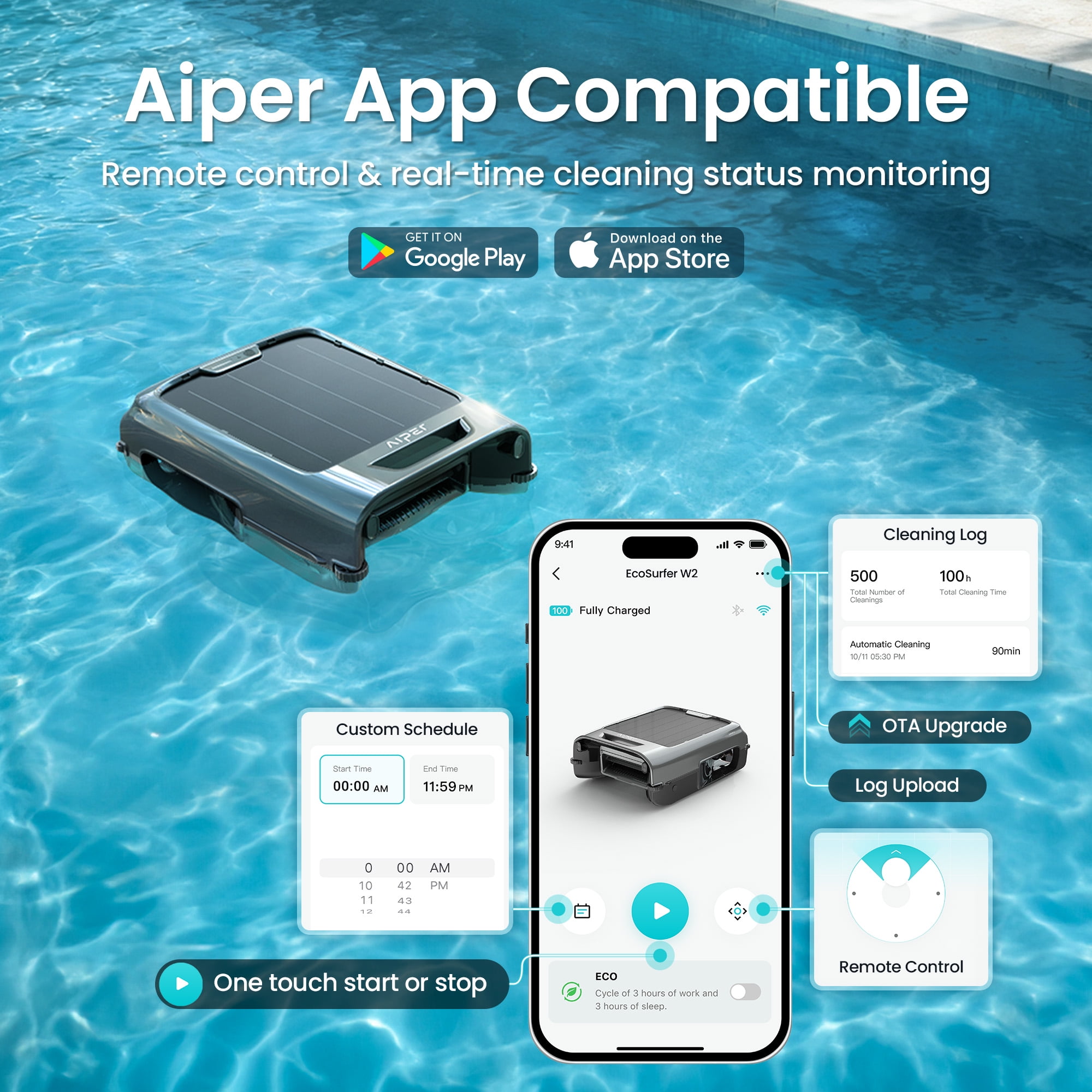 Aiper EcoSurfer W2 Cordless Robotic Pool Skimmer for Pool Surface Cleaning