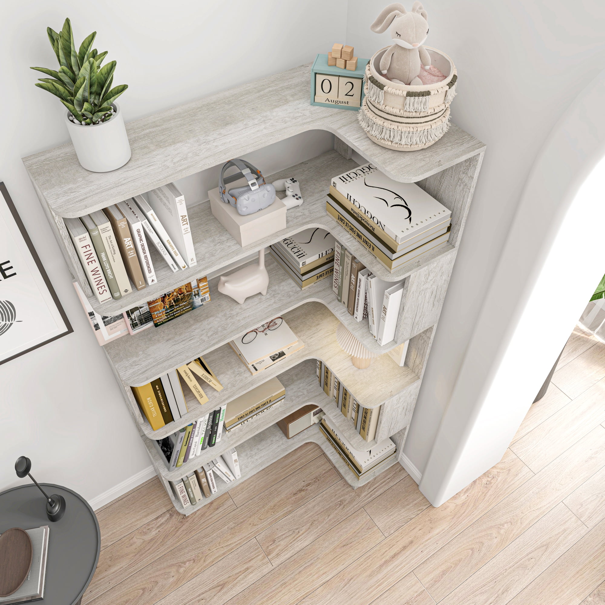 Leumius 5 Tier Freestanding Bookshelf,Wooden L-Shaped Corner Bookcase with Anti-drop Panel and Anti Tipping Device, Display shelf Open Storage,Light Gray