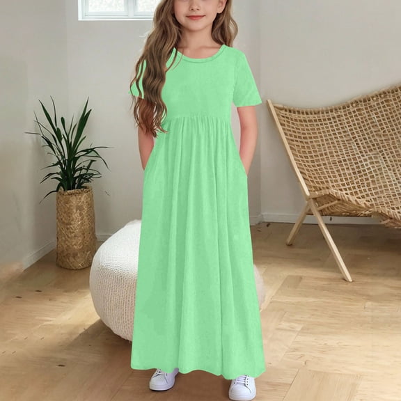 Zpanxa Girls Summer Dress Kids Solid Color Short Sleeve Ruffl Pockets Round-Neck Print Dress Green 14 Years