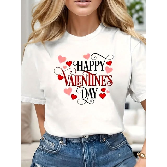 Camiseta para mujer verano cuello redondoValentine's Day printed shirt T-shirt Casual short sleeve top regular pure cotton breathableFather'sCamisetas de verano para mujer, manga corta, cuello redon
