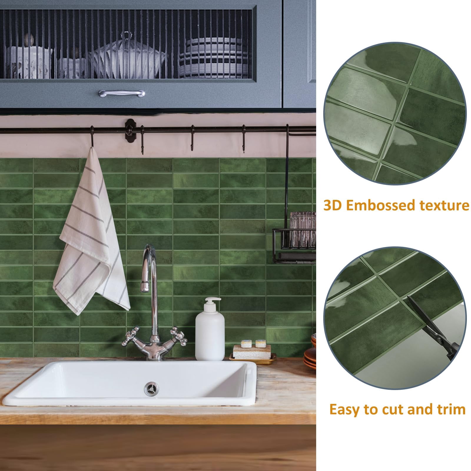 VANCORE 12" X 12" Peel and Stick Backsplash Wall Tiles, Wall Stickers for Kitchen Bathroom 10-Pack , Green
