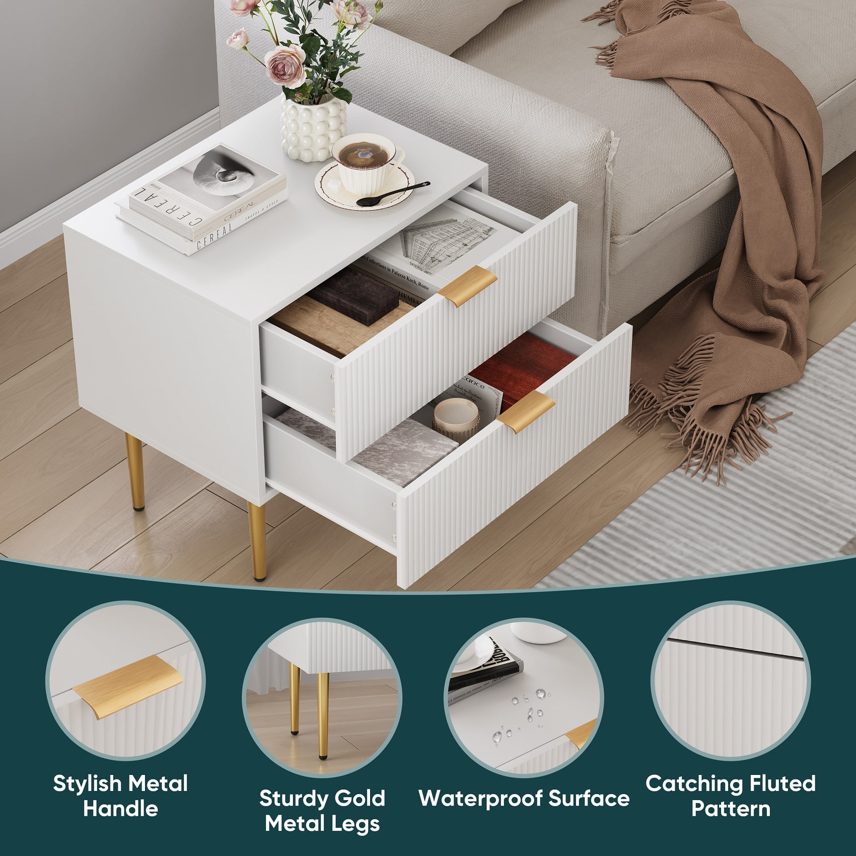Smuxee Modern Nightstand with 2 Wave Pattern Drawer,End Tables Side Tables for Bedroom,White