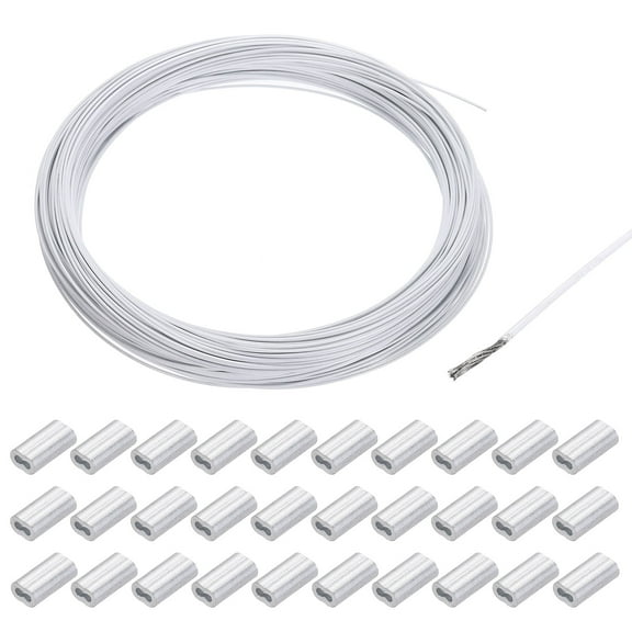 Uxcell 164Ft Wire Rope 304 Stainless Steel Cable 1/32" Vinyl Coated with 30Pcs Aluminum Sleeves White