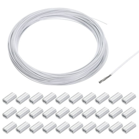 Uxcell 164Ft Wire Rope 304 Stainless Steel Cable 1/32 Vinyl Coated with 30Pcs Aluminum Sleeves White