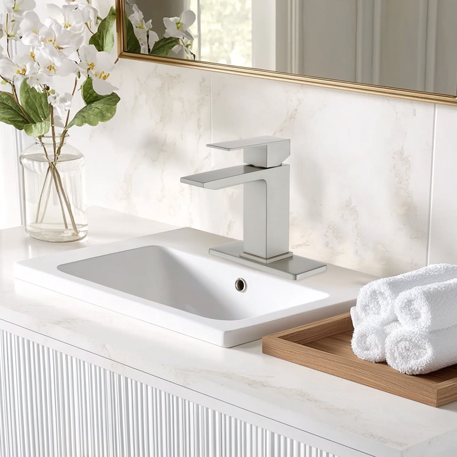 Cobbe Single-Handle Bathroom Sink Faucet for Vanity Waterfall Spout Design Single-Hole Installation With Pop-Up Drain Brushed Nickel