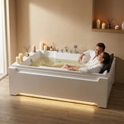 73 x 48 Whirlpool Bathtub for 2-Person with 8 Hydro Massage Jets & Chromatherapy LED Lights, 1HP UL Certified Pump, 3-Sided Apron Acrylic Soaking Tub, Left Drain, 110 Gallons, White