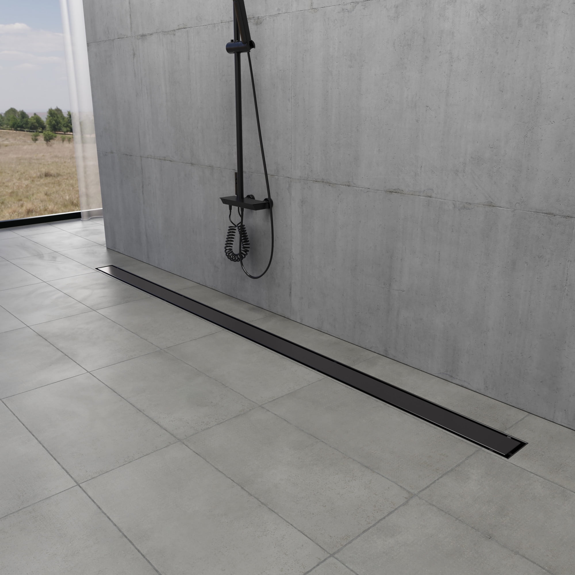 Kingston Brass BSFK6020 Watercourse 60-Inch Stainless Steel Linear Shower Drain with Reversible Tile Insert and Flat Grate, Drain with Base Flange and Hair Strainer in Matte Black