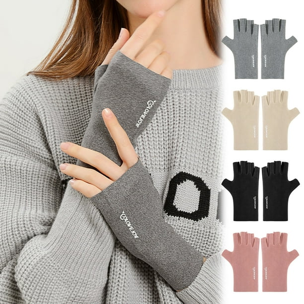 Guantes de terciopelo alemán con pantalla táctil para mujer - Diseño de medio dedo cálido para exteriores en invierno, protección contra el frío, forro suave de forro polar, rosa/gris/beige