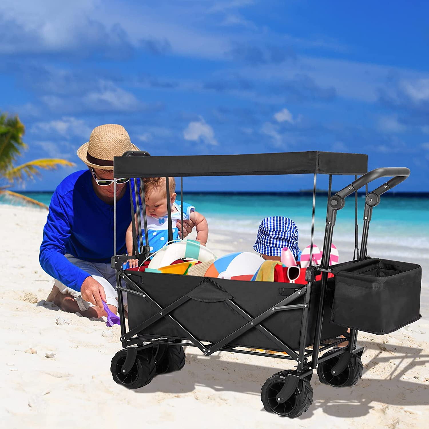 LAZY BUDDY Collapsible Utility Beach Wagon Folding Outdoor Garden Cart Pull  Push Cart Grocery Cart Black 